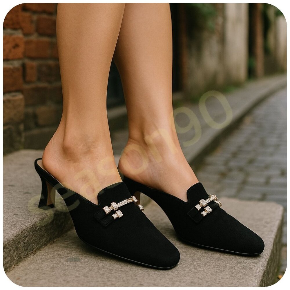 Claudia Ciuti Black Satin Mules w Silver & Swarovski Crystal Brooch Size 8.5